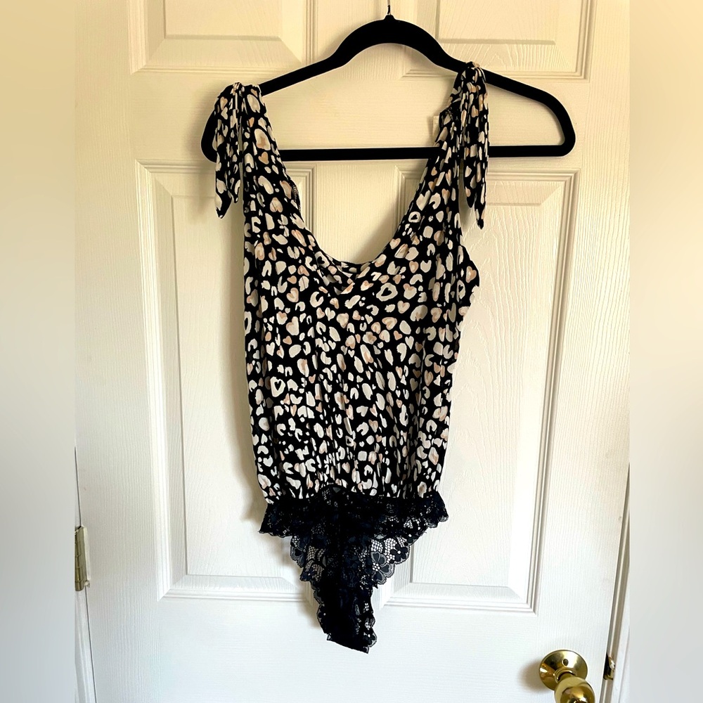Free People Black and White Leopard Print Bodysuit